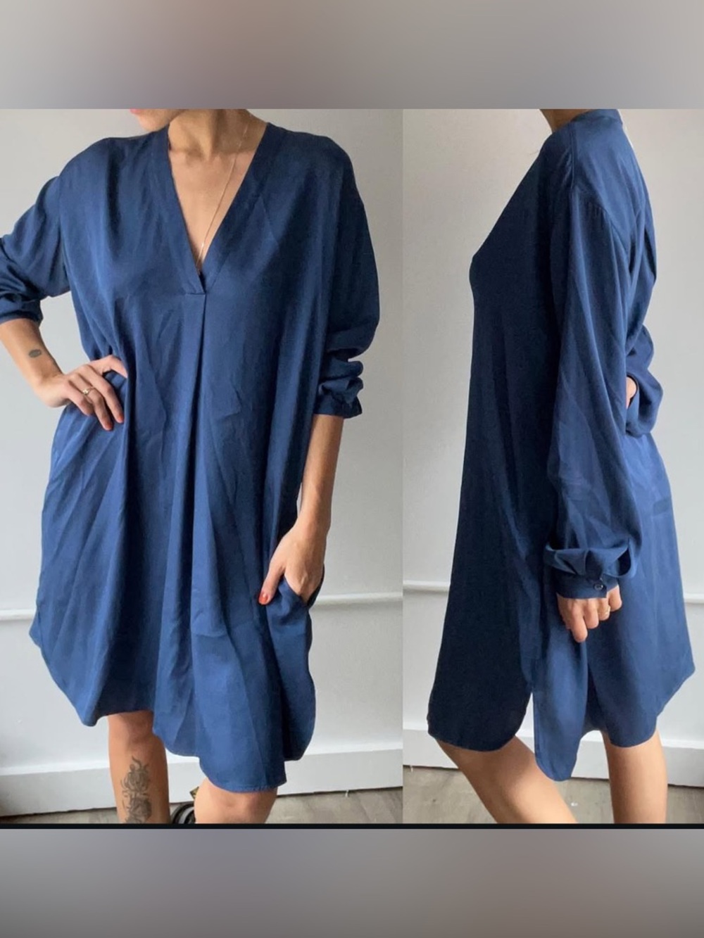 Vince Navy Blue V-Neck Long Sleeve Shift Dress